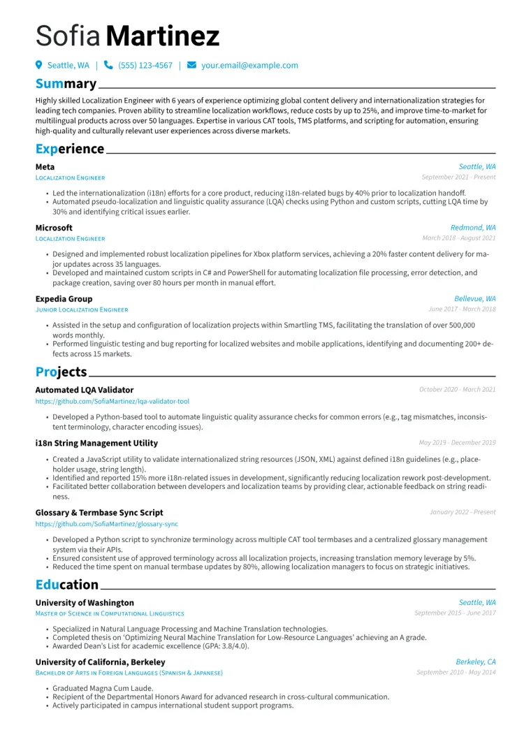 Localization Engineer Resume Example CV template preview