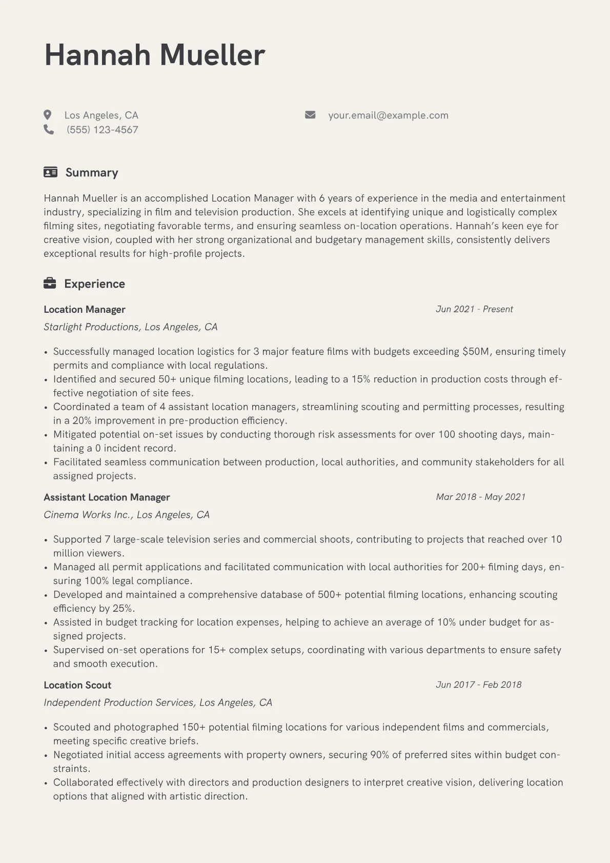 Location Manager Resume Example CV template - Page 1