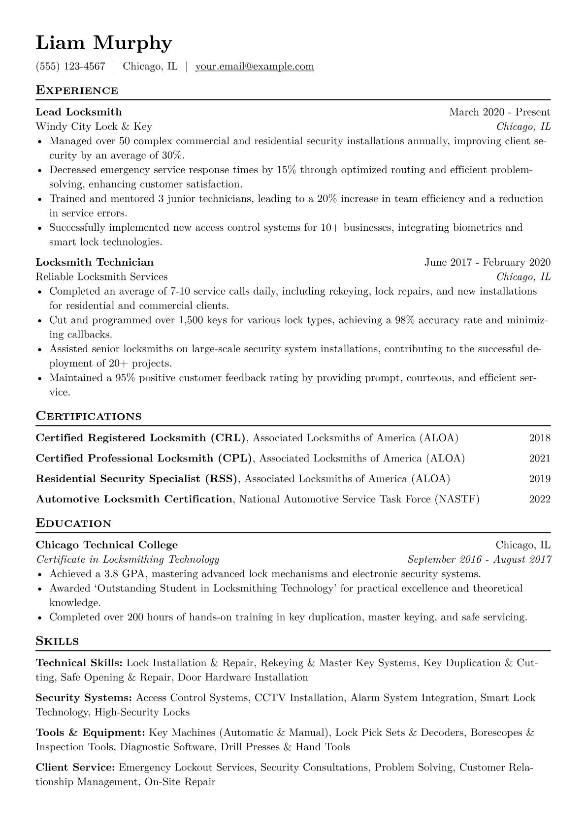 Locksmith Resume Example CV template - Page 1