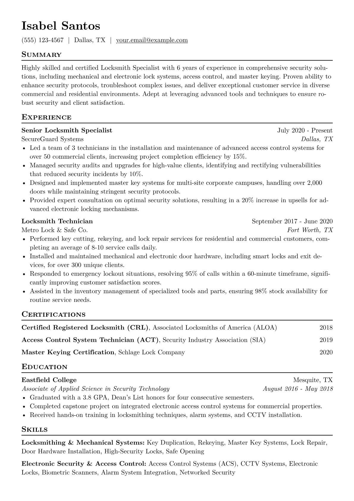 Locksmith Specialist Resume Example CV template - Page 1