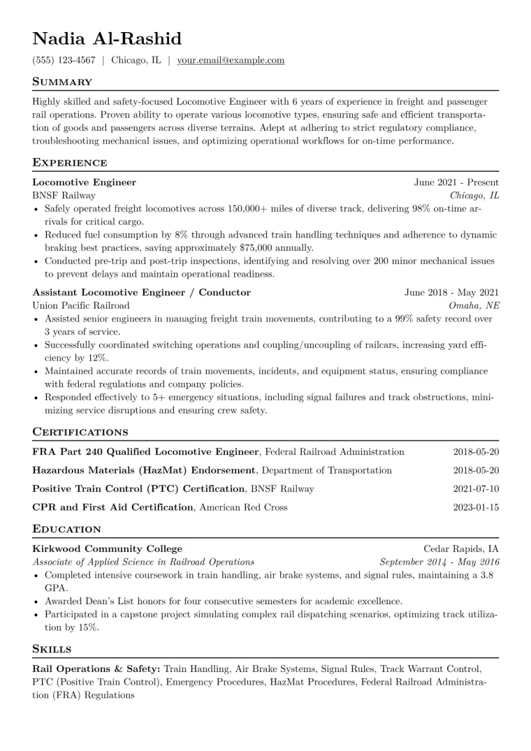 Locomotive Engineer Resume Example CV template preview