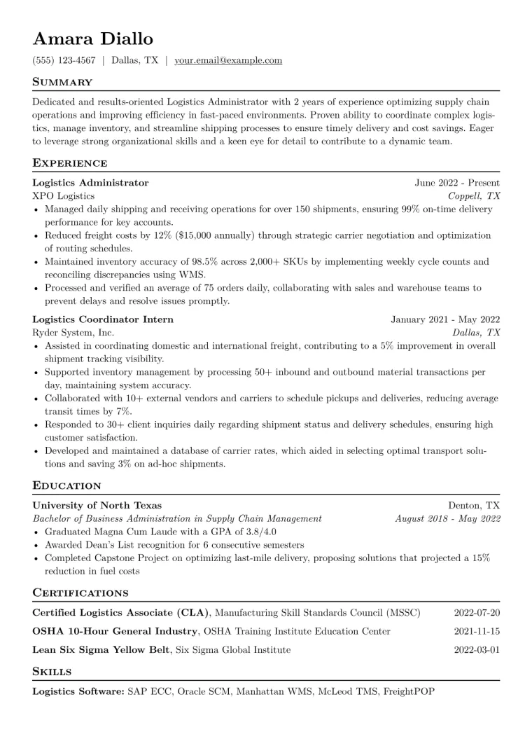 Logistics Administrator Resume Example CV template preview