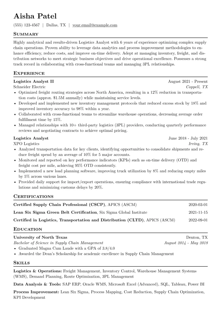 Logistics Analyst Resume Example CV template preview