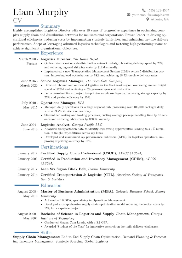 Logistics Director Resume Example CV template preview