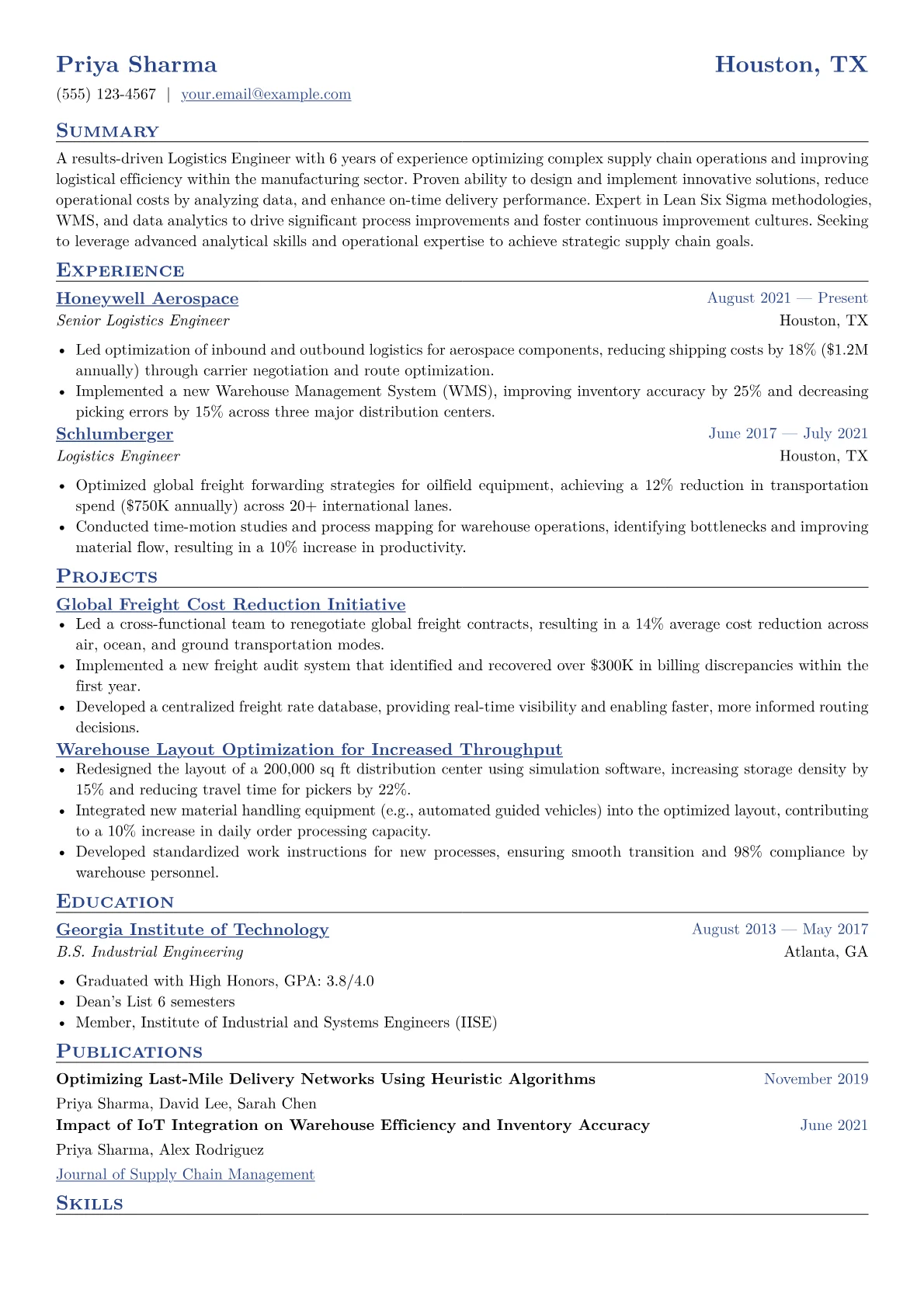 Logistics Engineer Resume Example CV template - Page 1