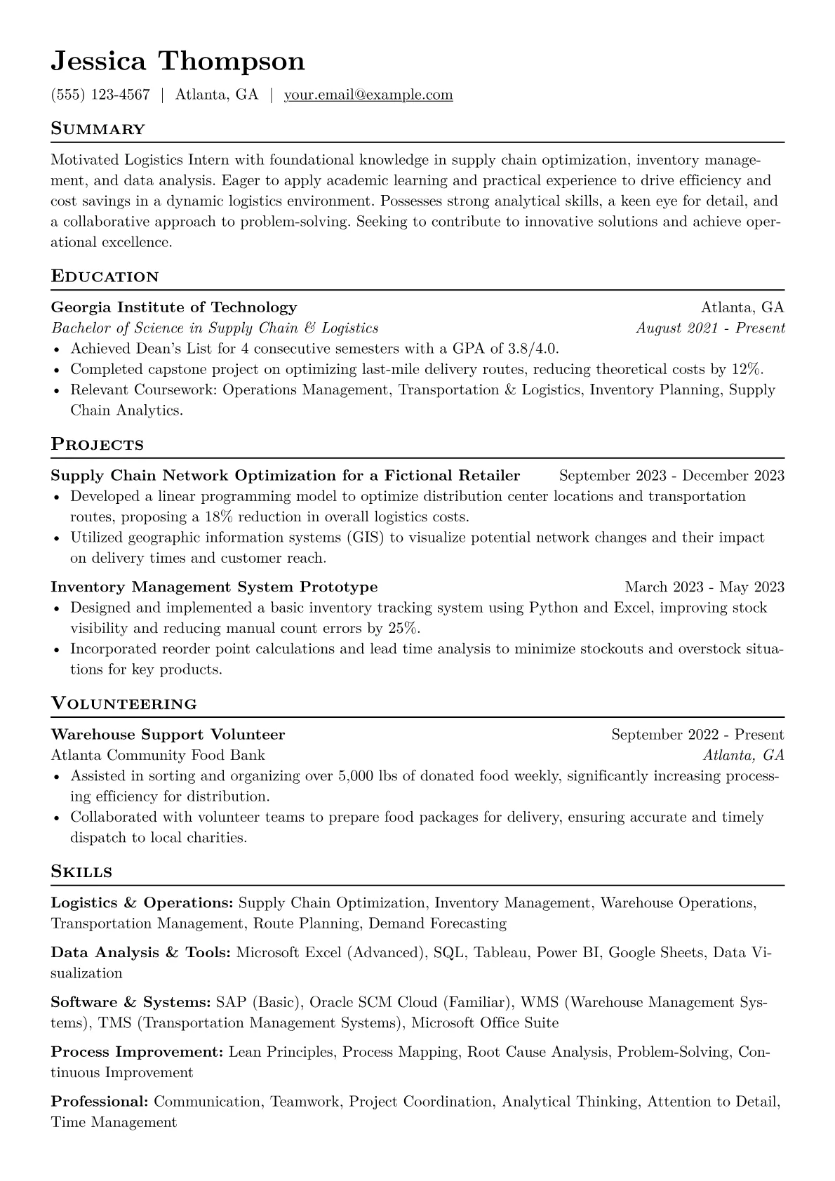 Logistics Intern Resume Example CV template - Page 1