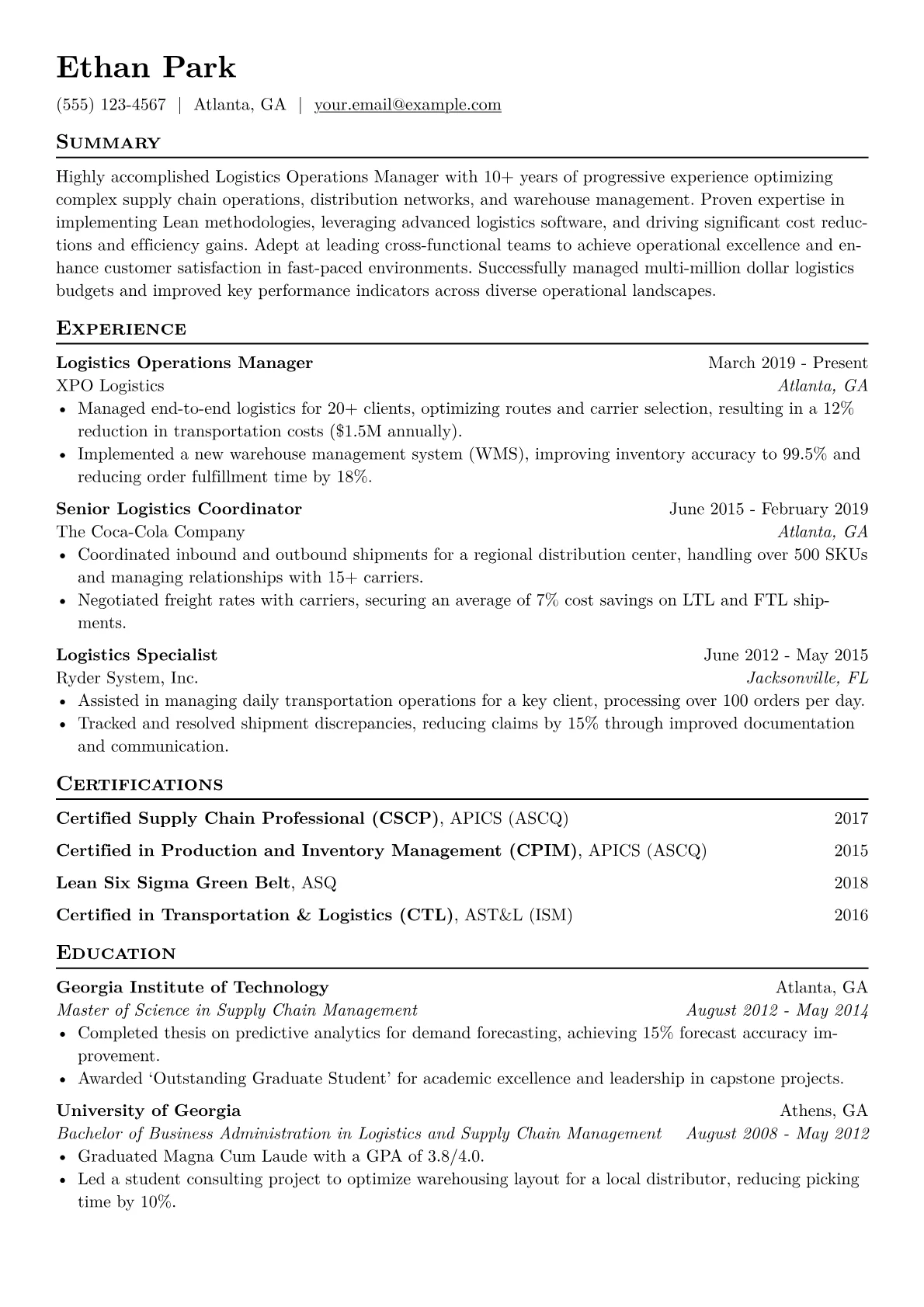 Logistics Operations Manager Resume Example CV template - Page 1