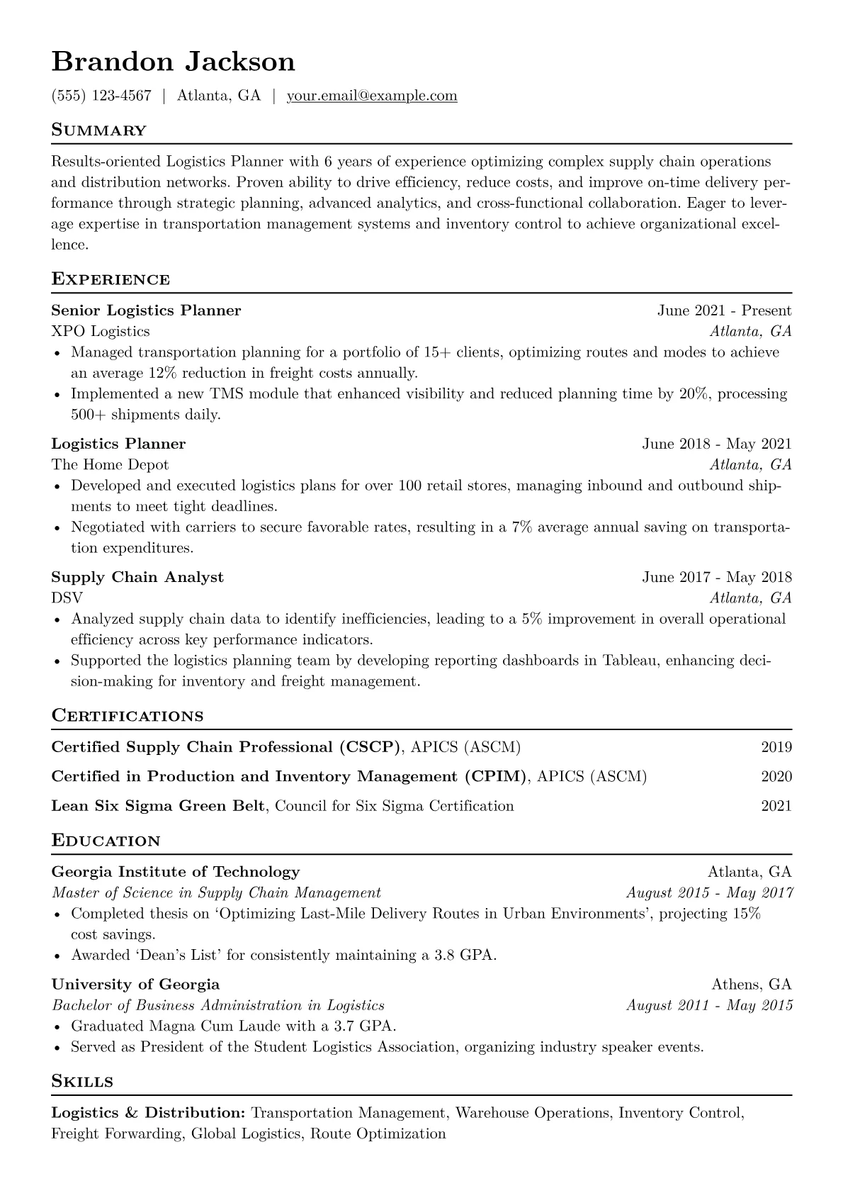 Logistics Planner Resume Example CV template - Page 1