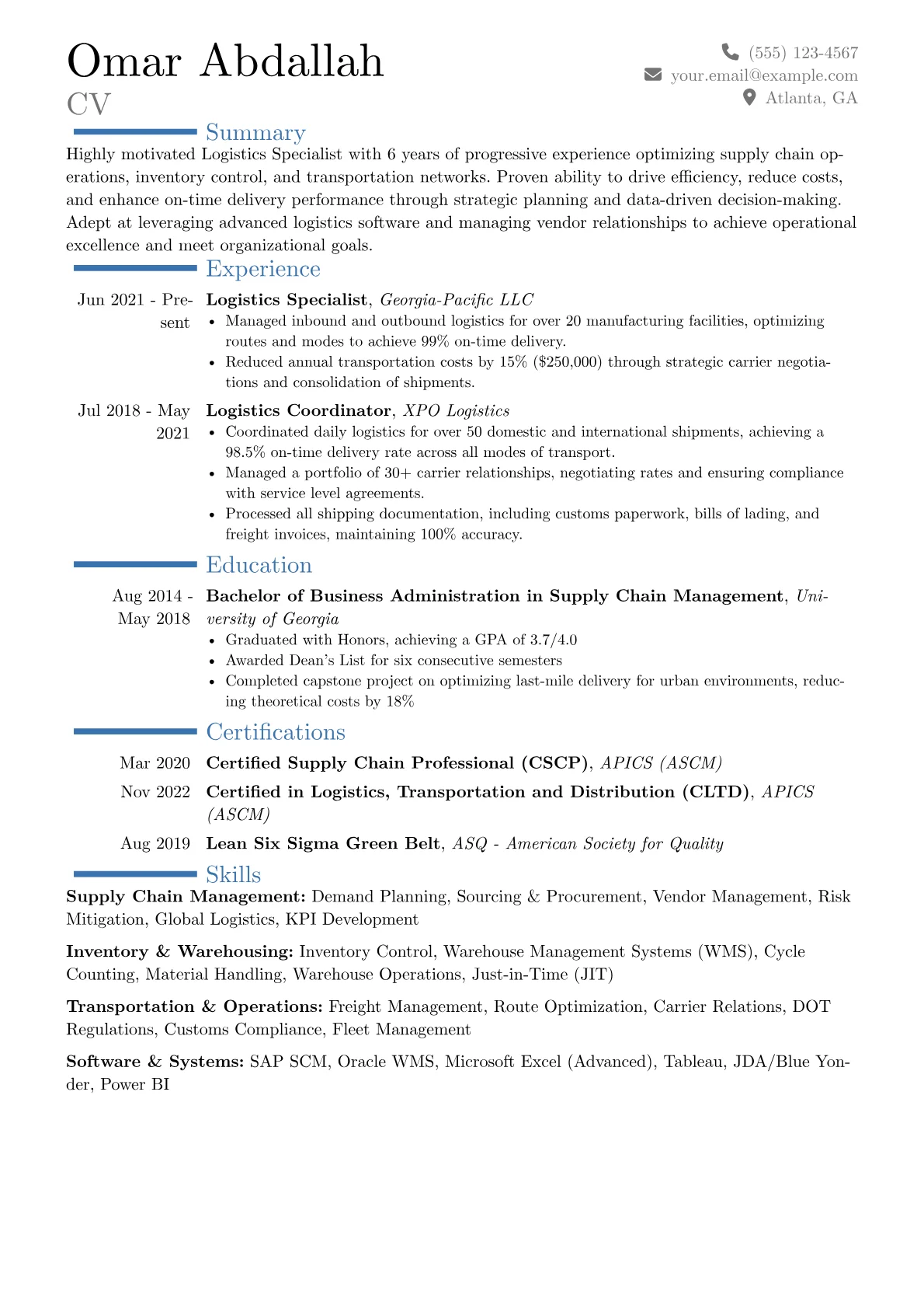 Logistics Specialist Resume Example CV template - Page 1