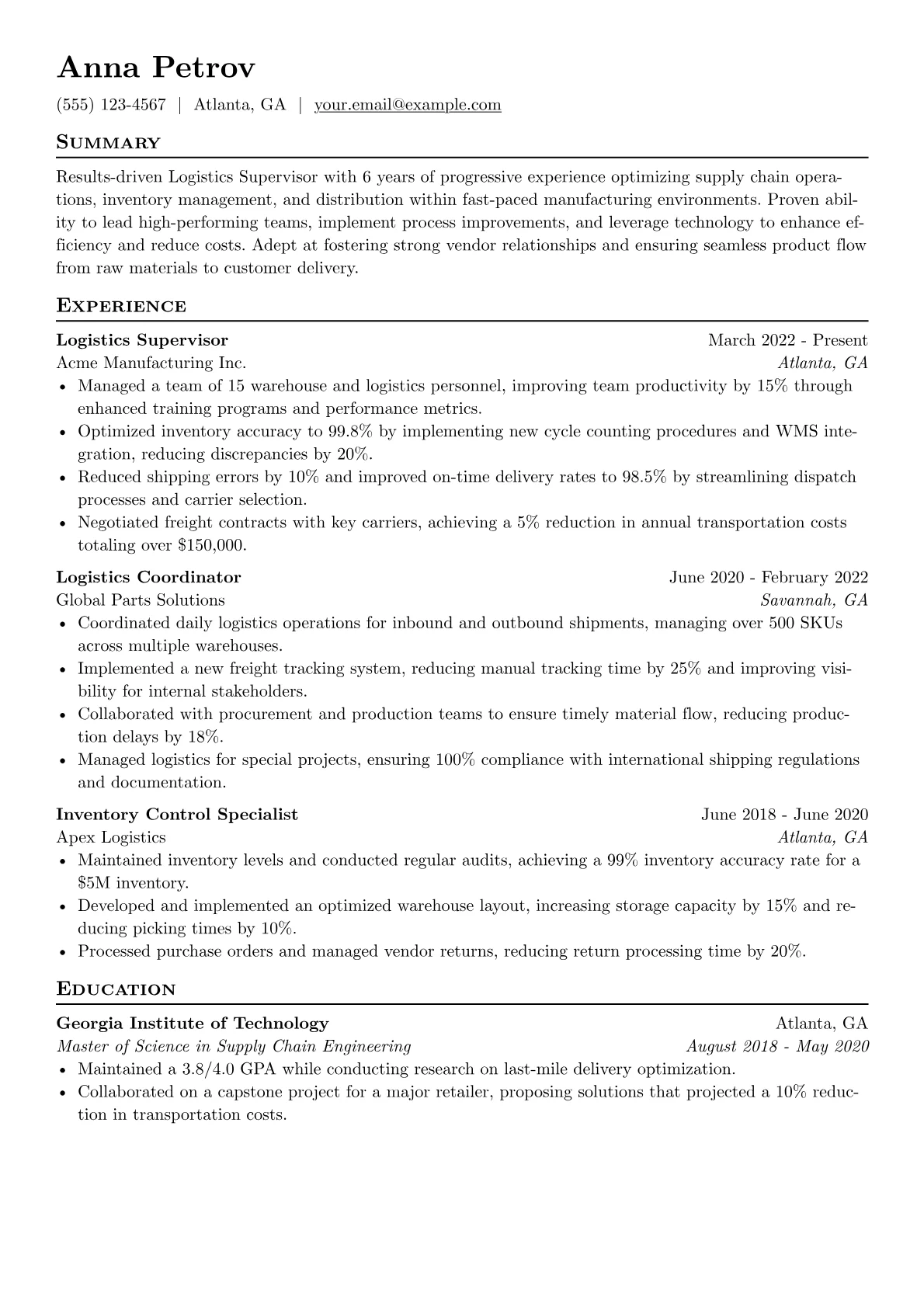 Logistics Supervisor Resume Example CV template - Page 1
