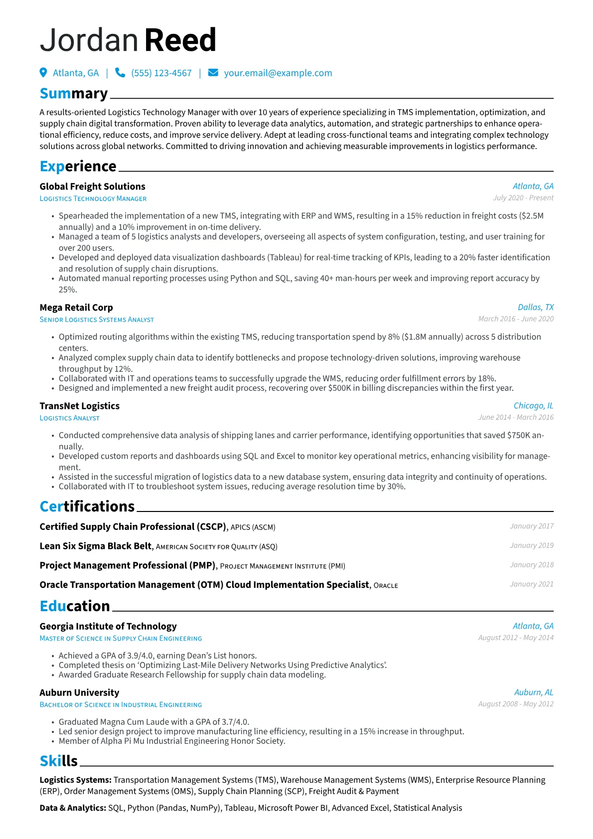 Logistics Technology Manager Resume Example CV template - Page 1