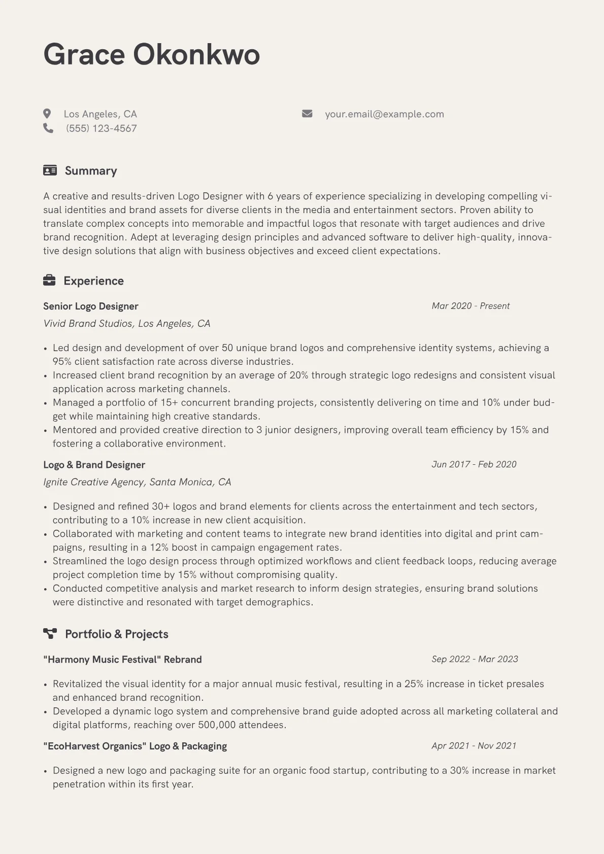 Logo Designer Resume Example CV template - Page 1