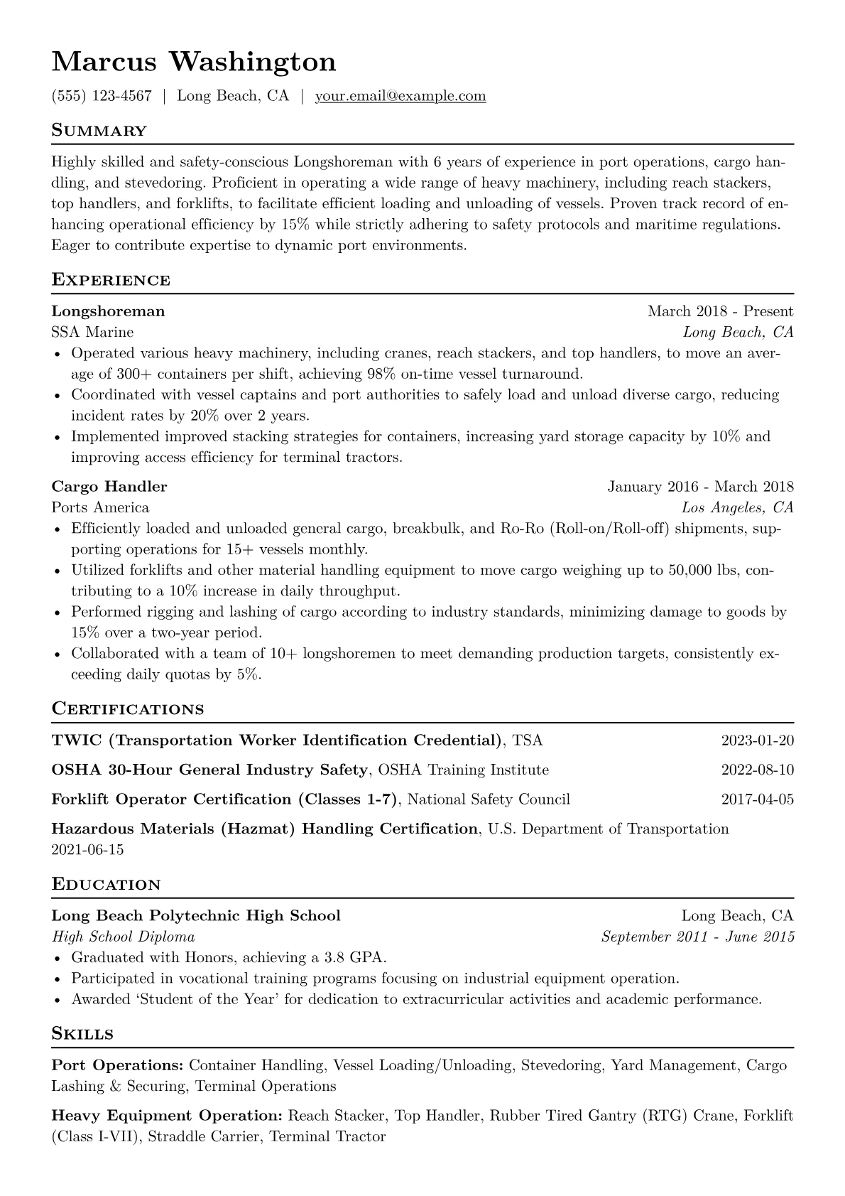 Longshoreman Resume Example CV template - Page 1