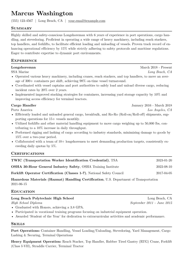 Longshoreman Resume Example CV template preview