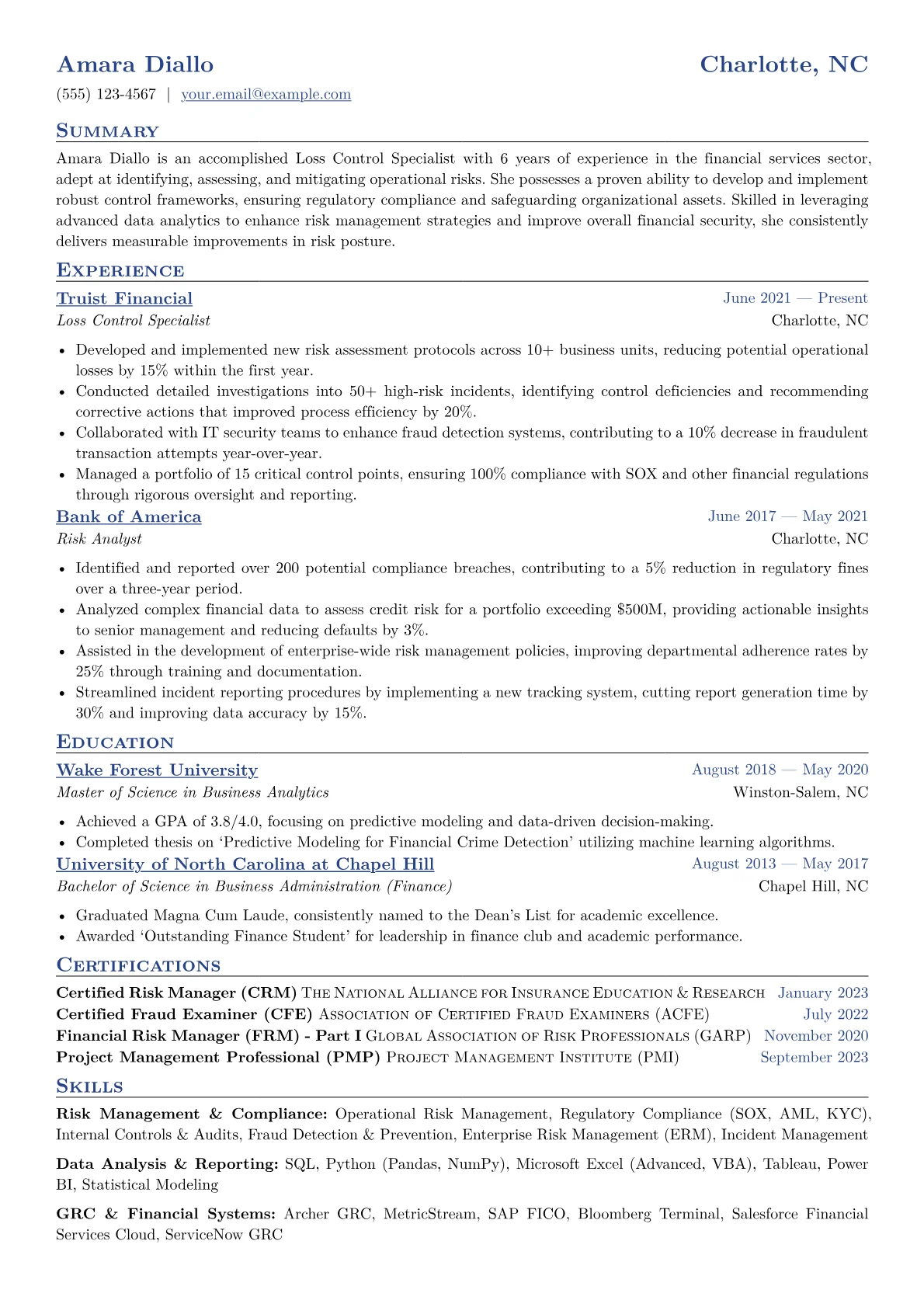 Loss Control Specialist Resume Example CV template - Page 1