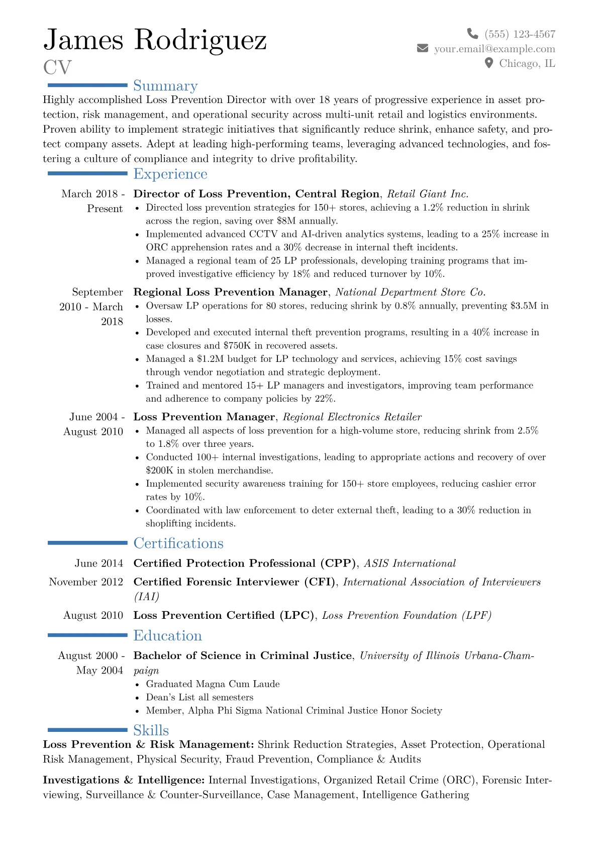 Loss Prevention Director Resume Example CV template - Page 1