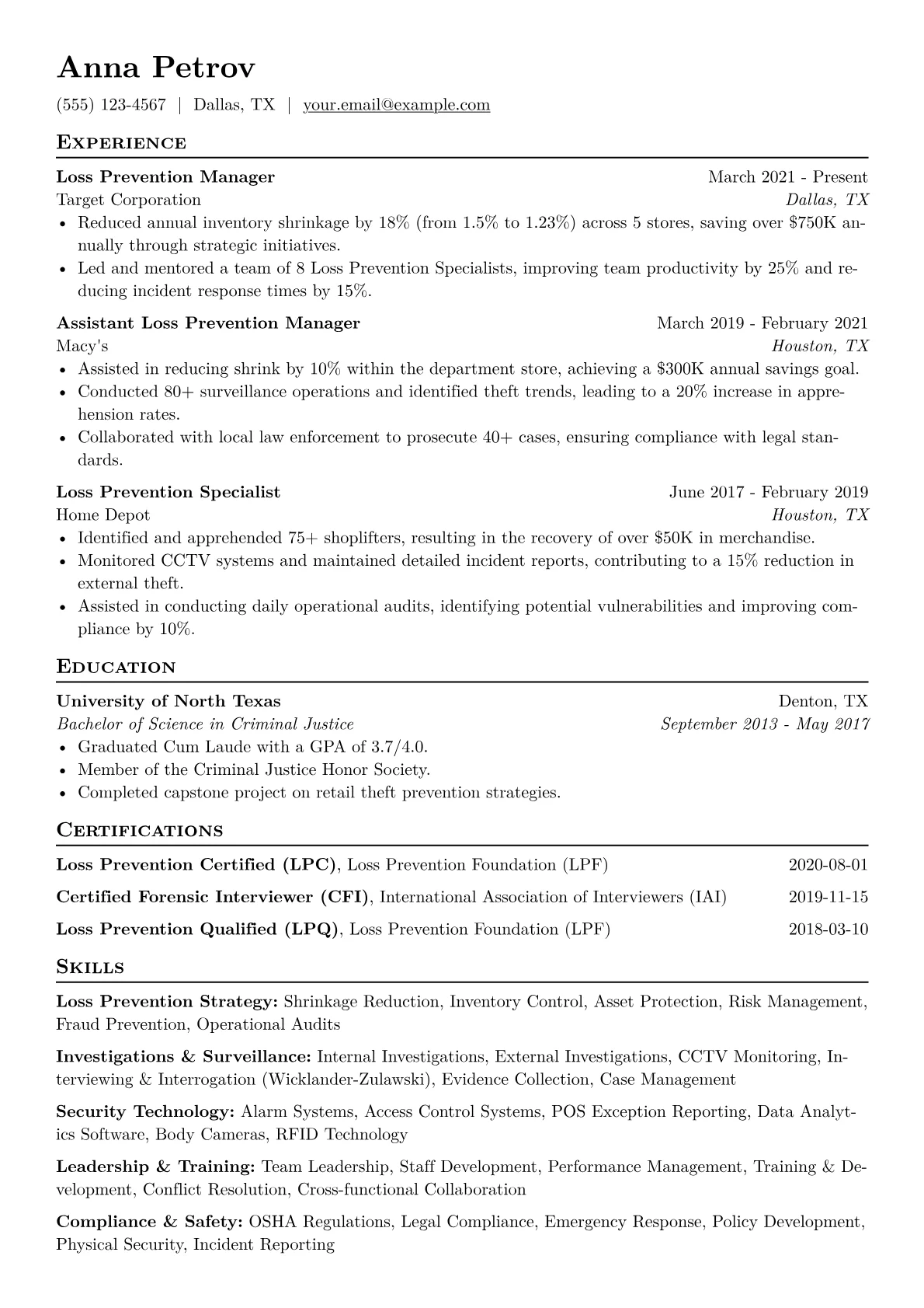 Loss Prevention Manager Resume Example CV template - Page 1