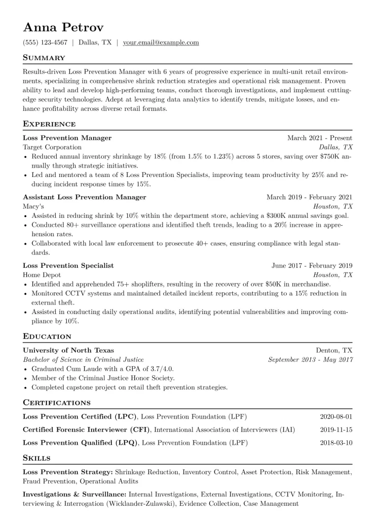 Loss Prevention Manager Resume Example CV template preview