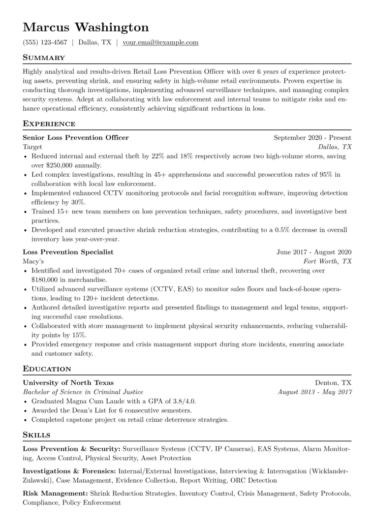 Retail Loss Prevention Officer Resume Example CV template preview