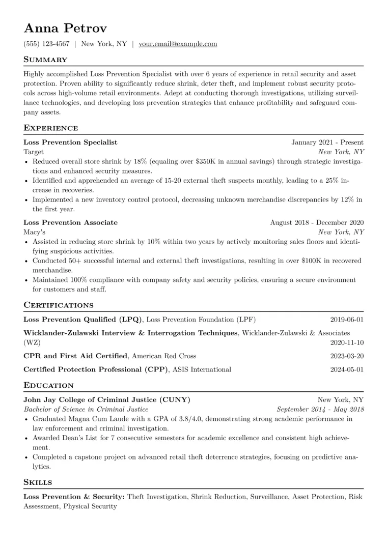 Loss Prevention Specialist Resume Example CV template preview