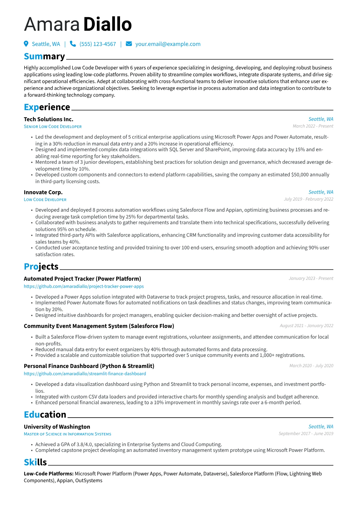 Low Code Developer Resume Example CV template - Page 1