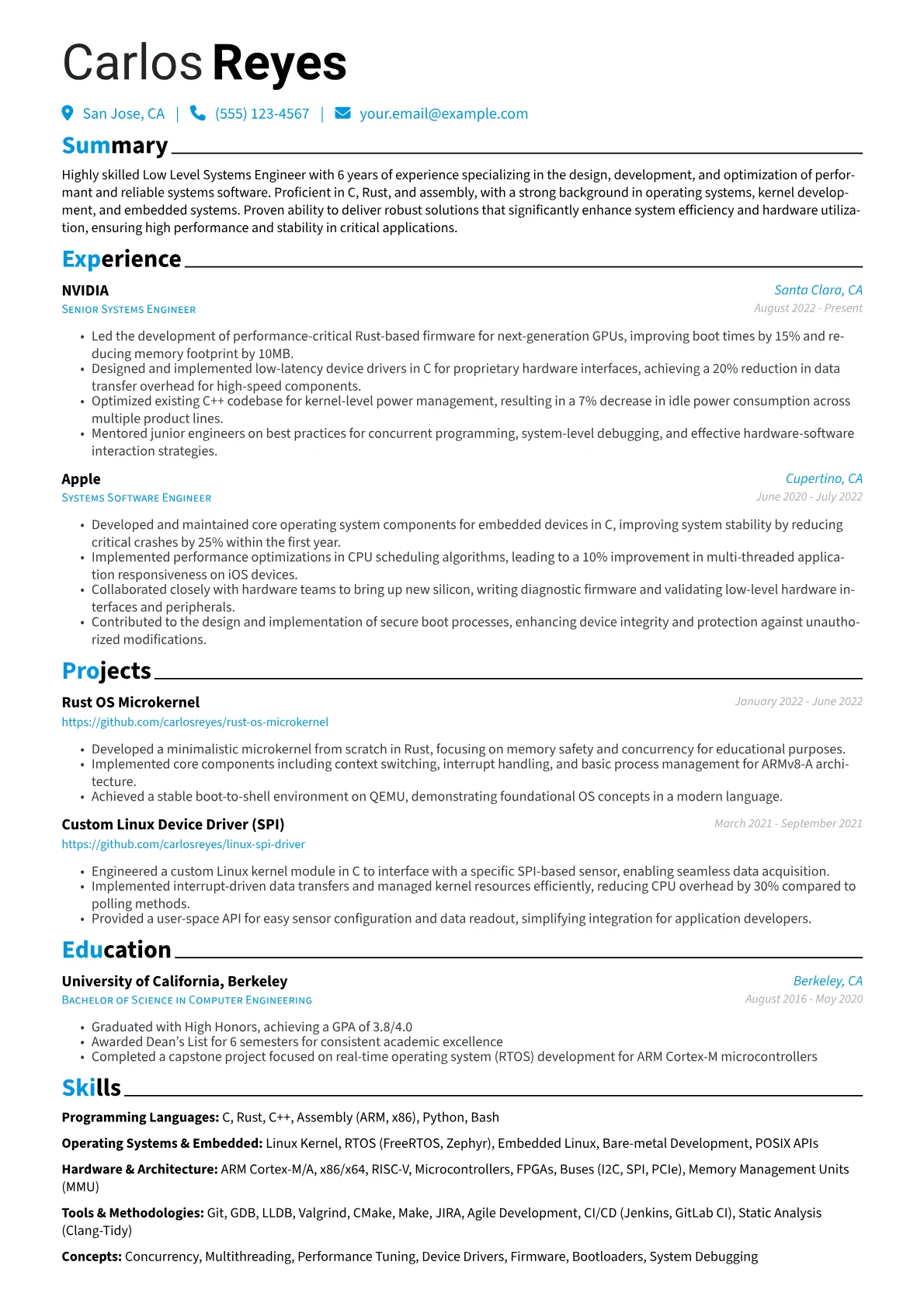 Low Level Systems Engineer Resume Example CV template - Page 1