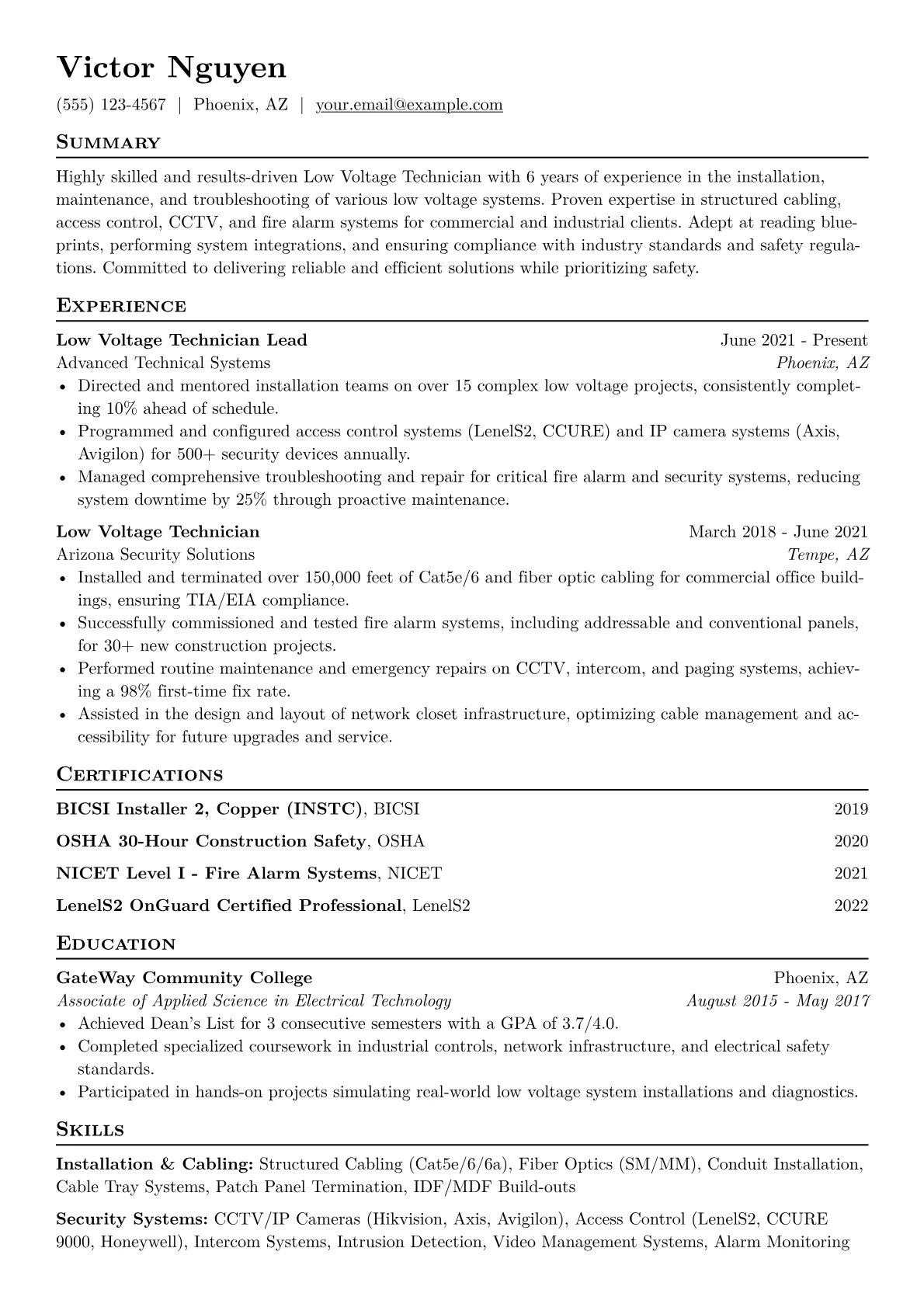 Low Voltage Technician Resume Example CV template - Page 1