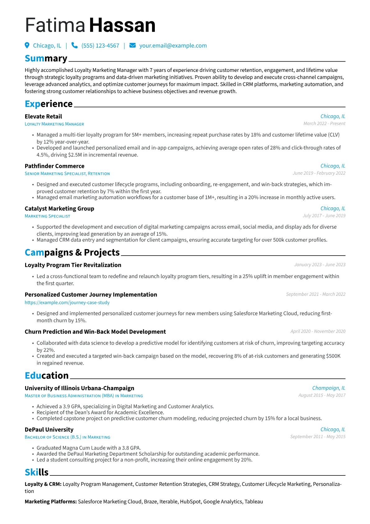 Loyalty Marketing Manager Resume Example CV template - Page 1