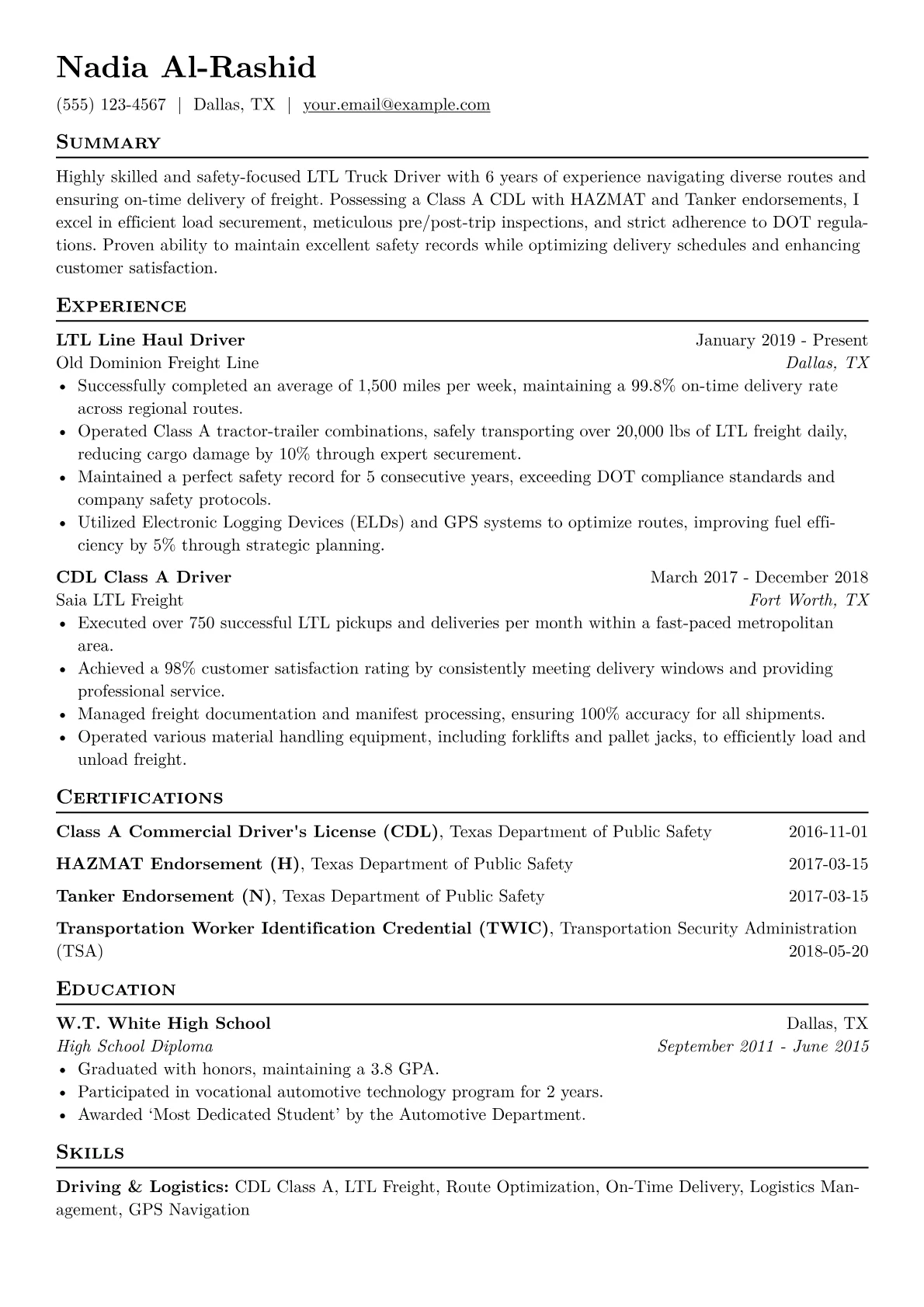 LTL Truck Driver Resume Example CV template - Page 1