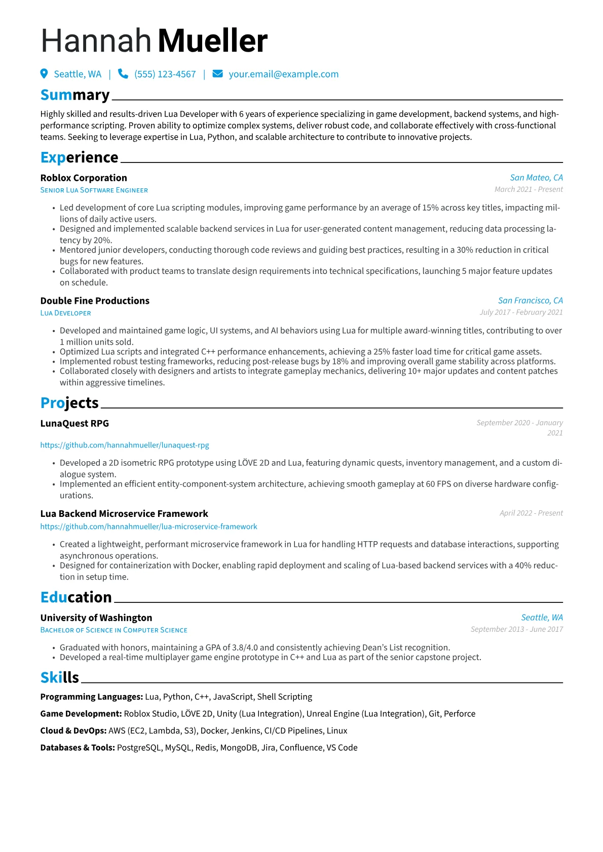 Lua Developer Resume Example CV template - Page 1