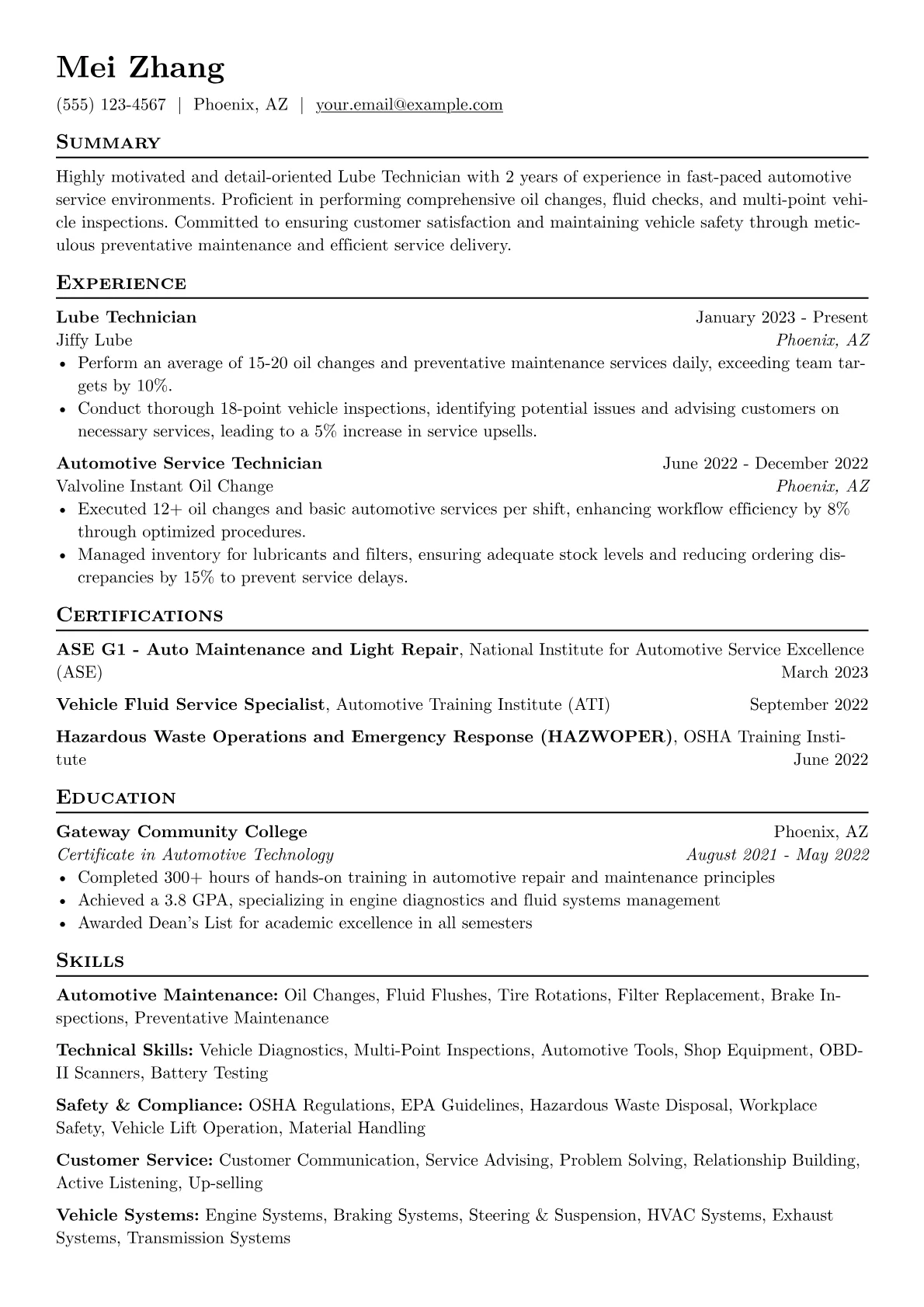 Lube Technician Resume Example CV template - Page 1