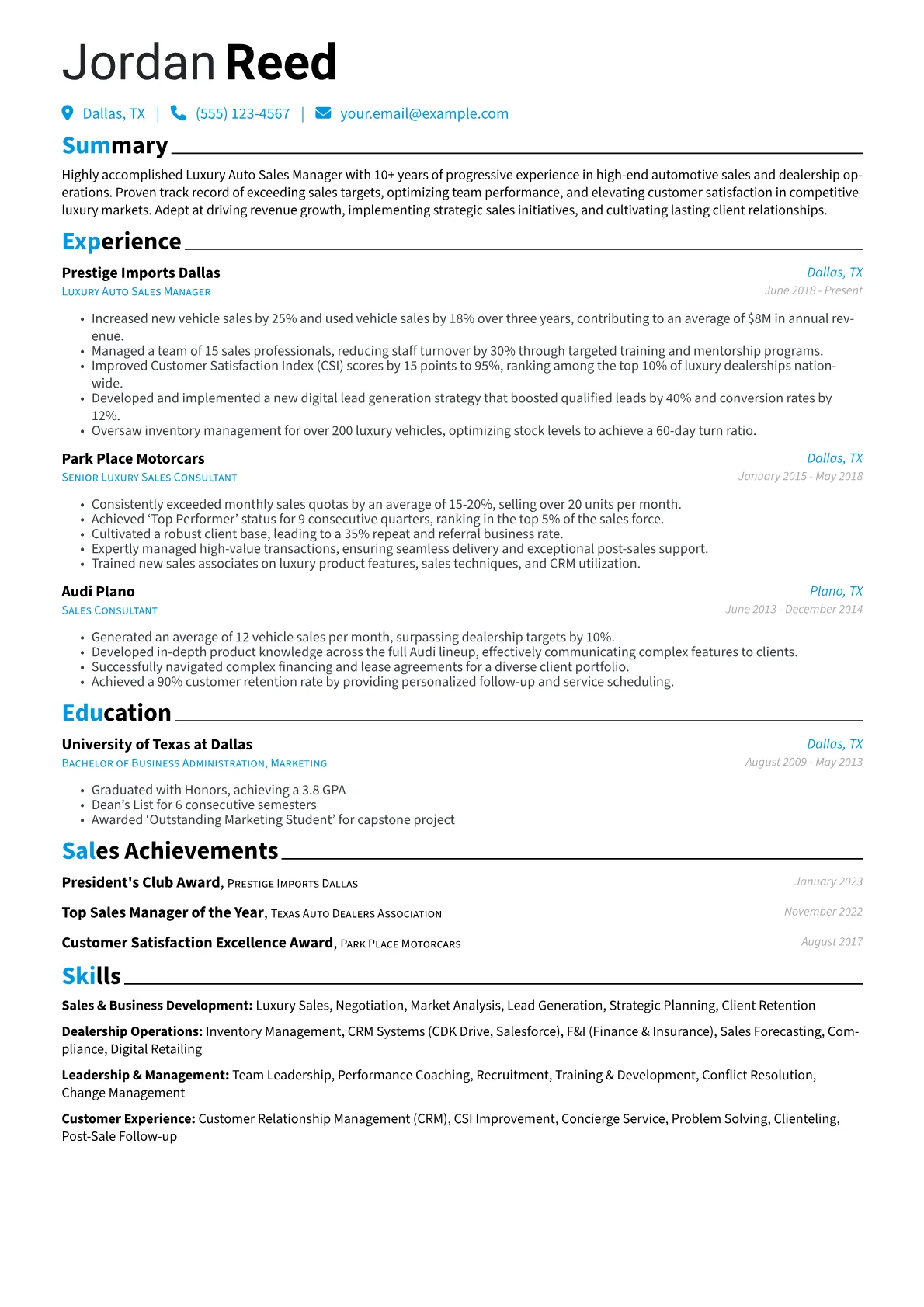 Luxury Auto Sales Manager Resume Example CV template - Page 1