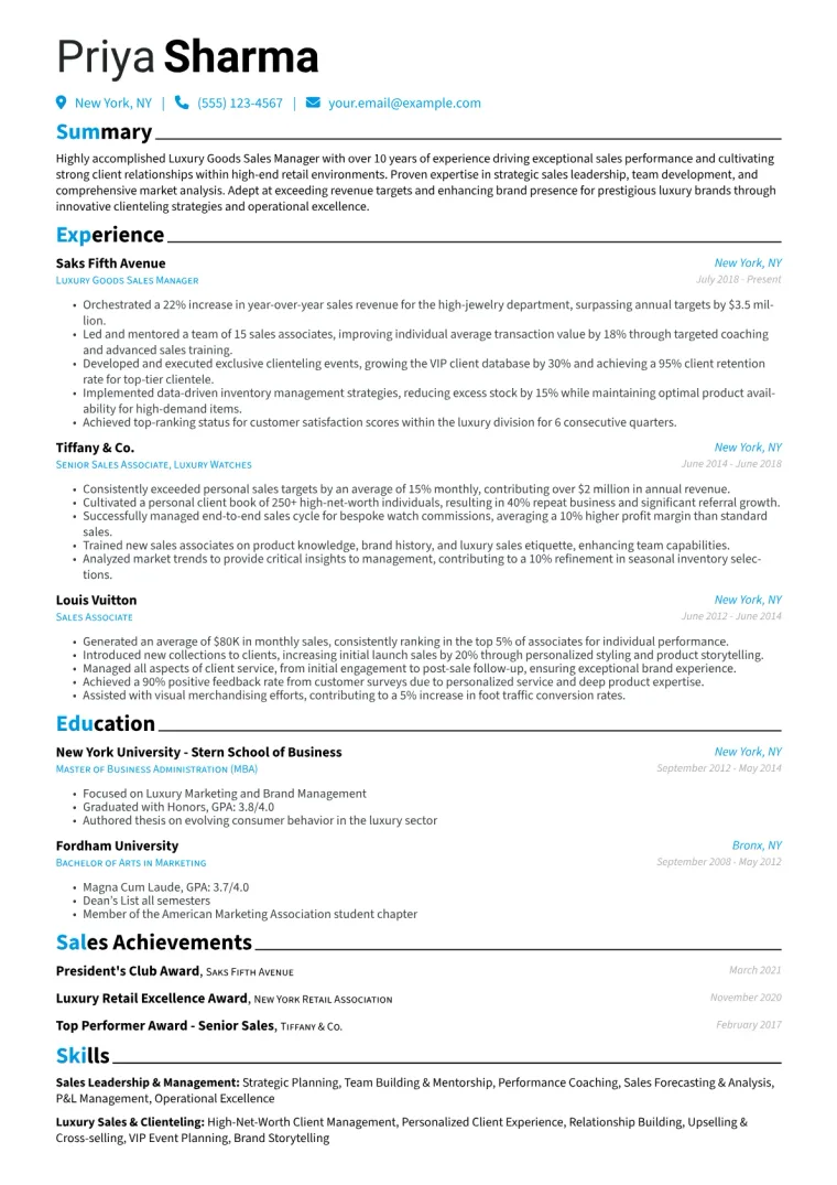 Luxury Goods Sales Manager Resume Example CV template preview