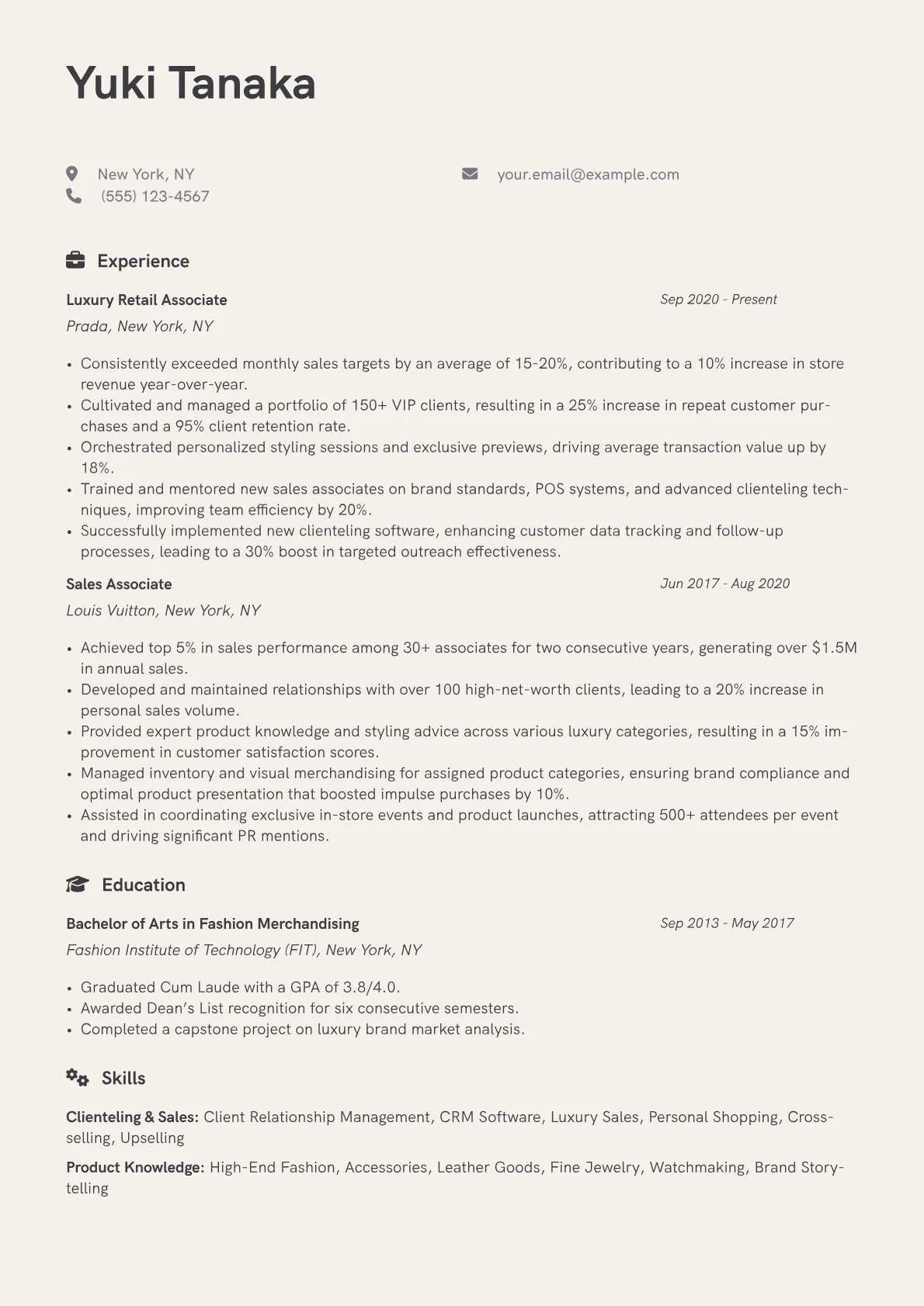 Luxury Retail Associate Resume Example CV template - Page 1