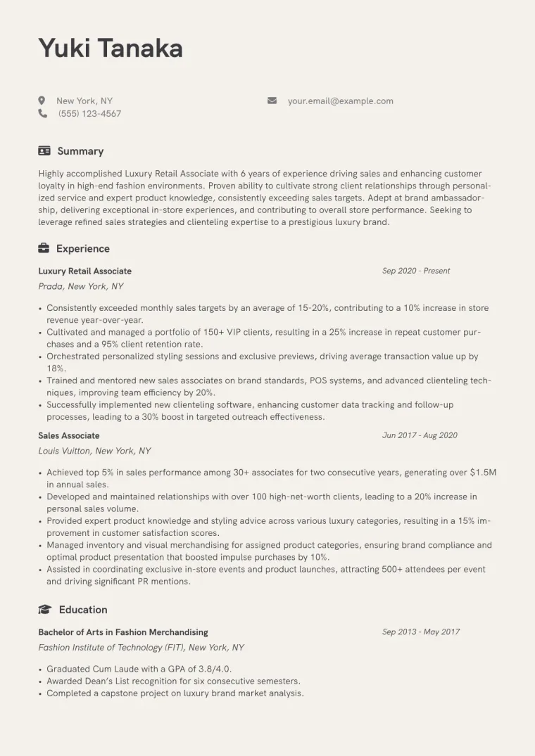 Luxury Retail Associate Resume Example CV template preview