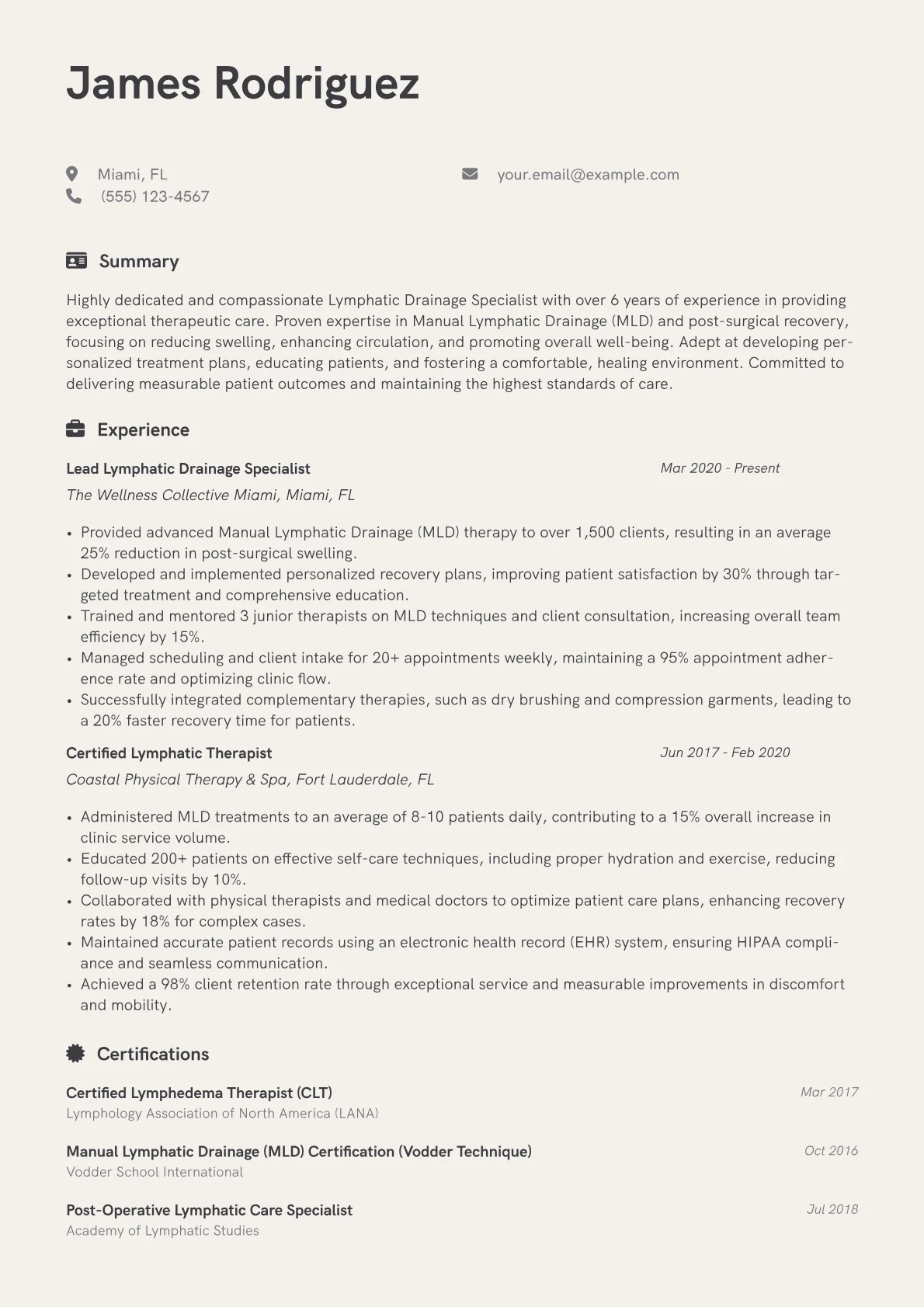 Lymphatic Drainage Specialist Resume Example CV template - Page 1