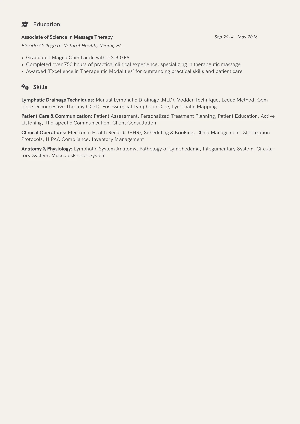 Lymphatic Drainage Specialist Resume Example CV template - Page 2