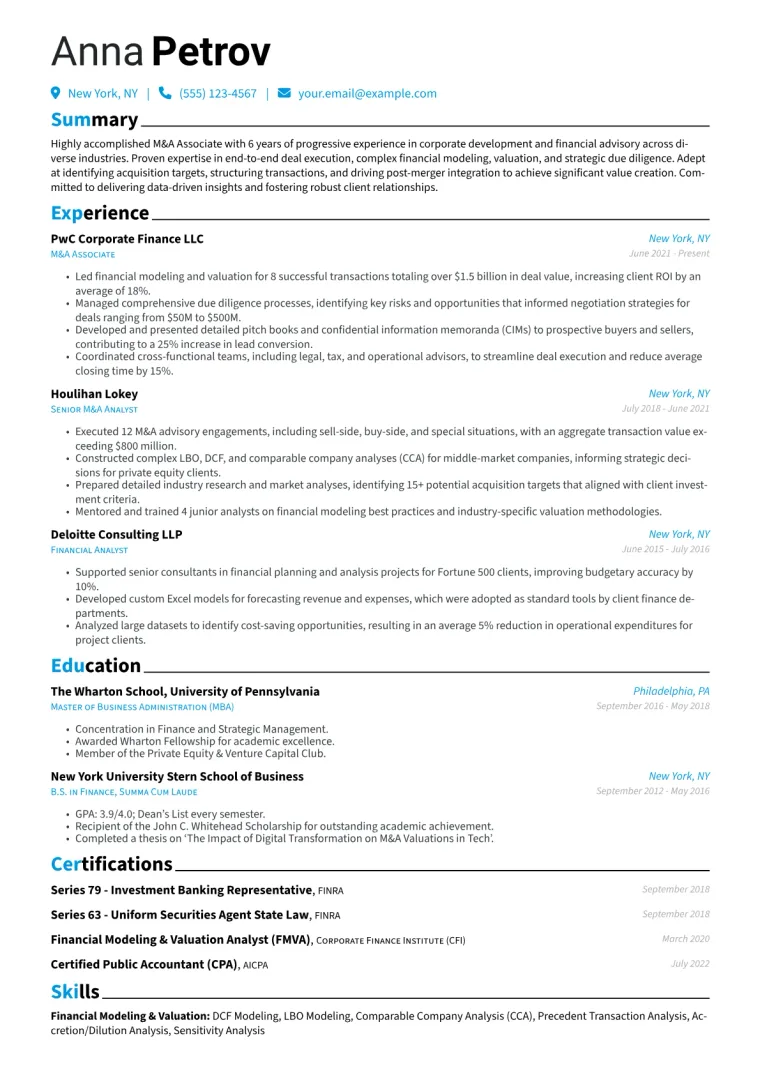 M&A Associate Resume Example CV template preview