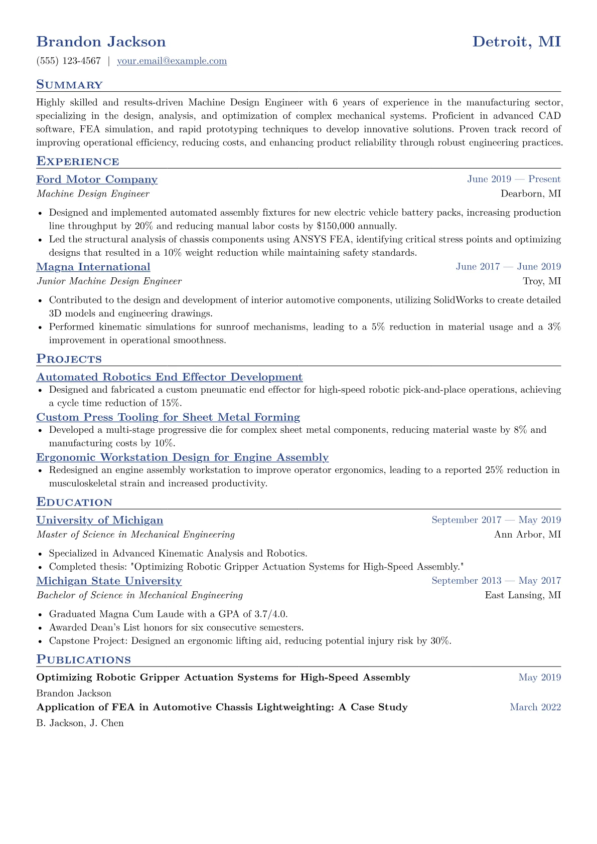 Machine Design Engineer Resume Example CV template - Page 1