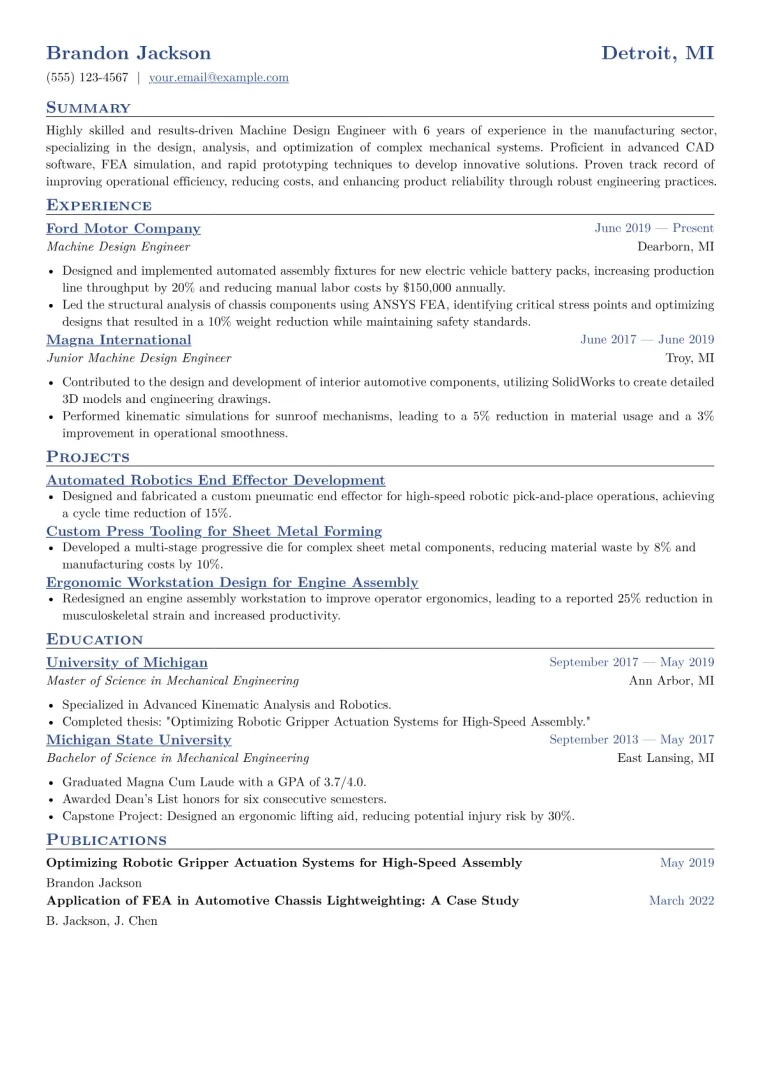 Machine Design Engineer Resume Example CV template preview