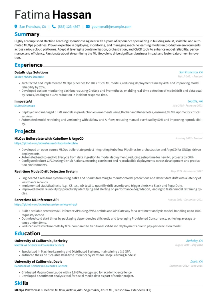 Machine Learning Operations Engineer Resume Example CV template preview