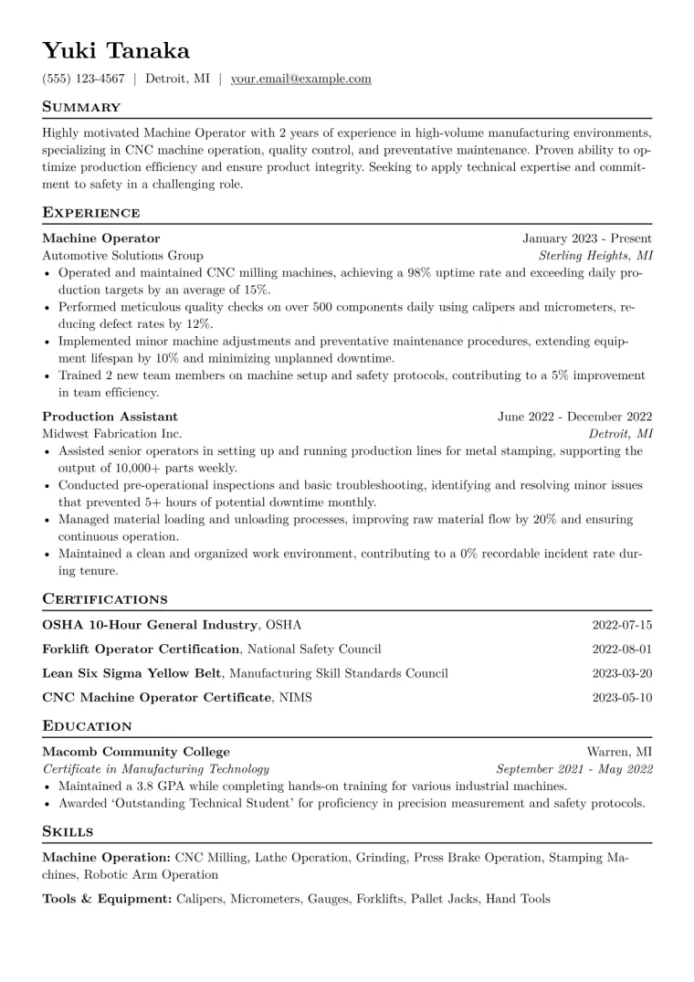Machine Operator Resume Example CV template preview