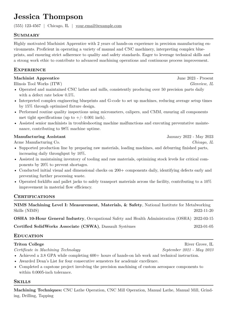 Machinist Apprentice Resume Example CV template preview