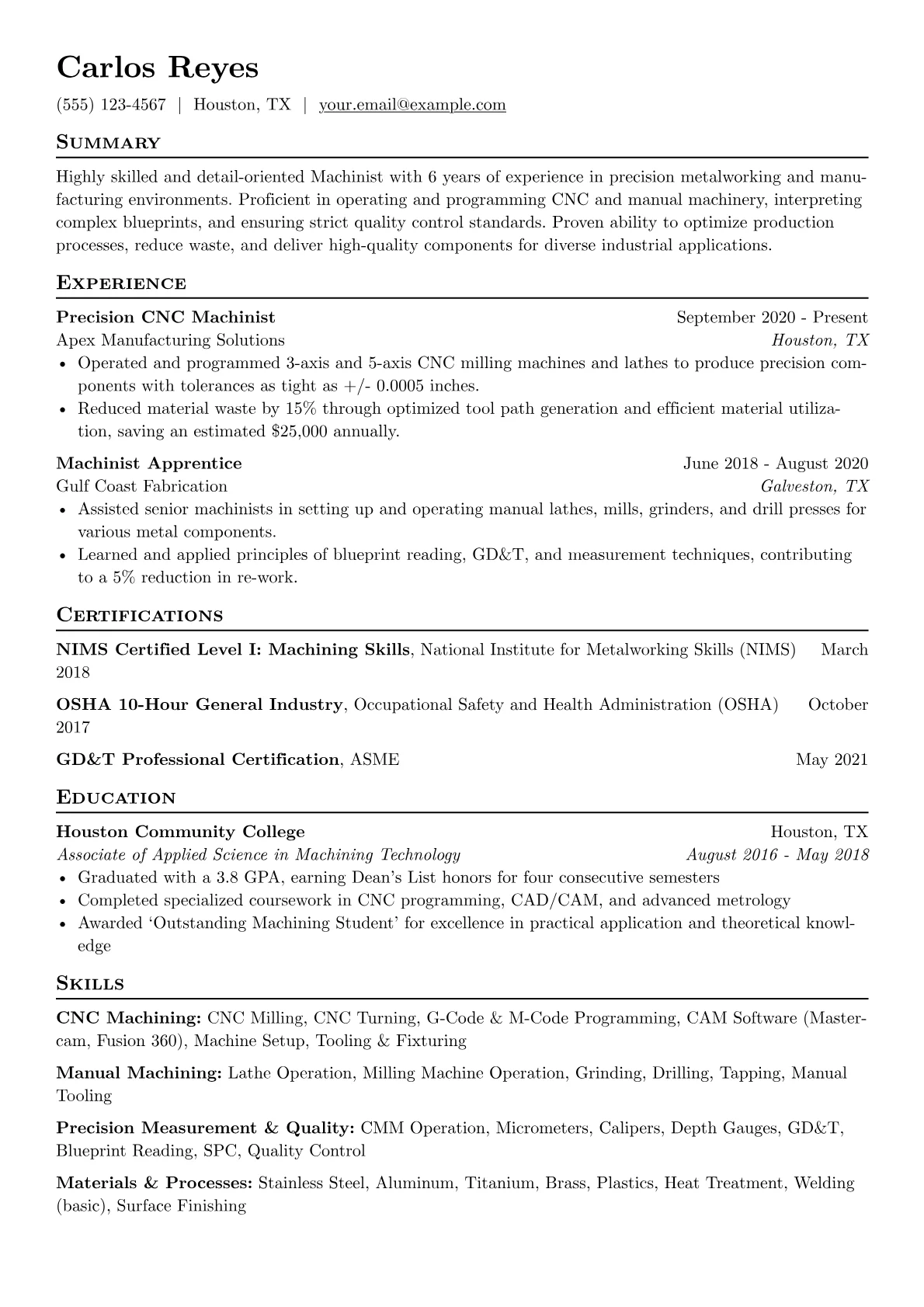 Machinist Resume Example CV template - Page 1