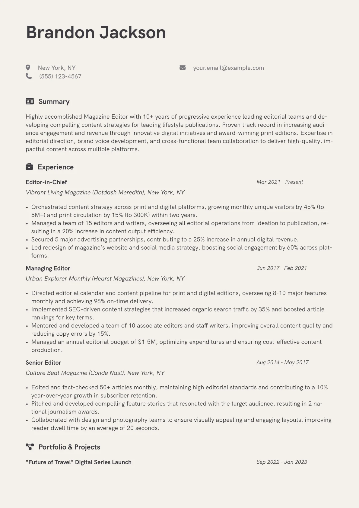 Magazine Editor Resume Example CV template - Page 1
