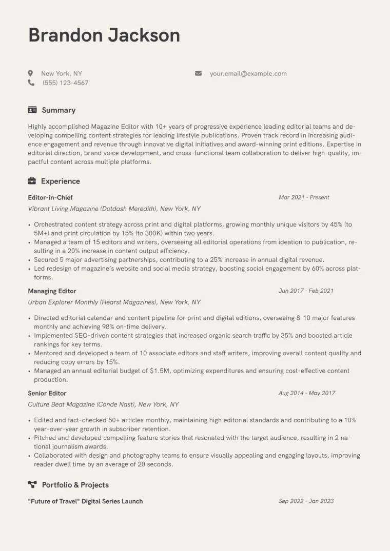 Magazine Editor Resume Example CV template preview