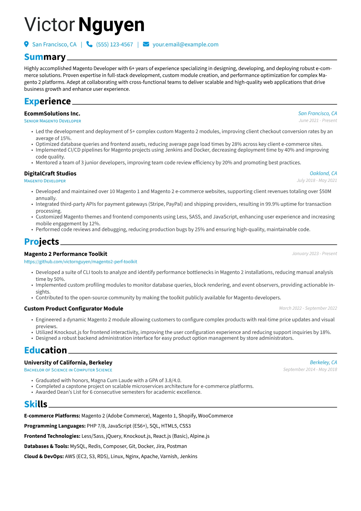 Magento Developer Resume Example CV template - Page 1