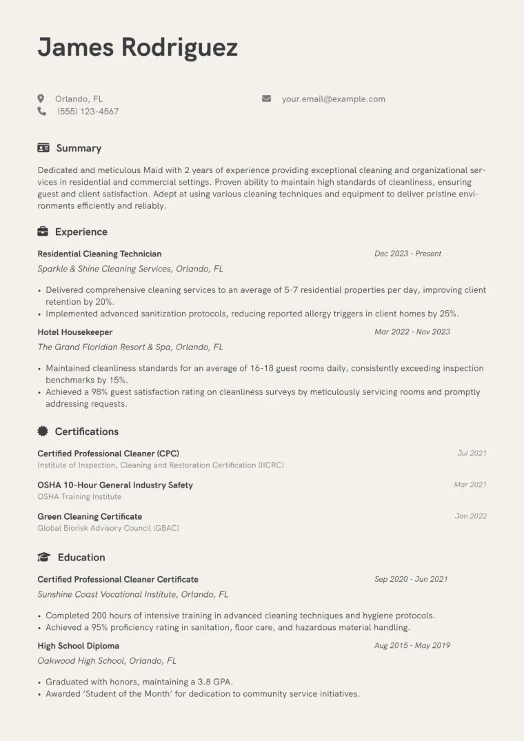 Maid Resume Example CV template preview