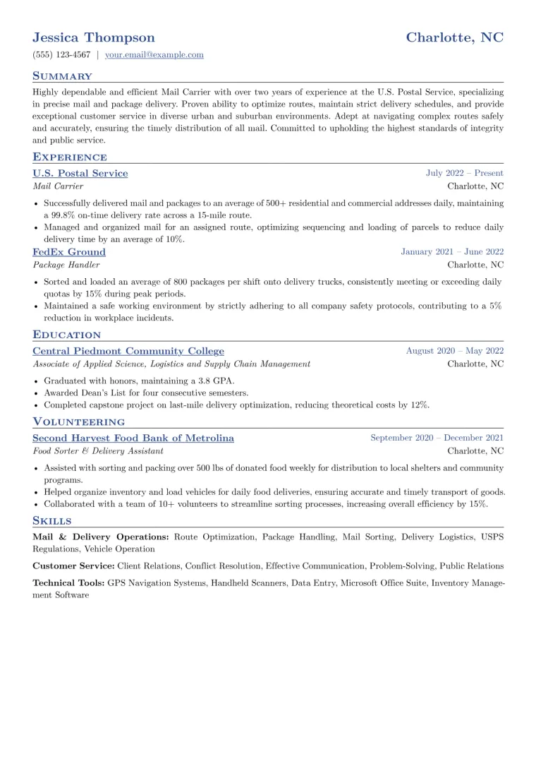 Mail Carrier Resume Example CV template preview