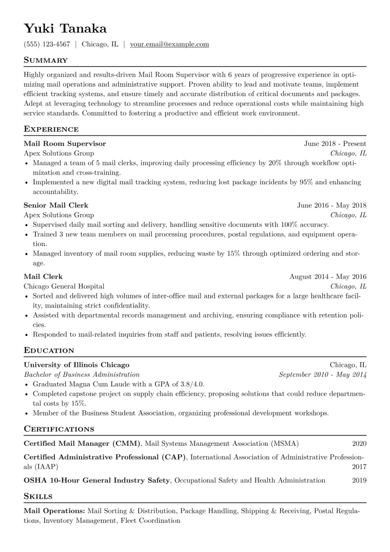 Mail Room Supervisor Resume Example CV template preview